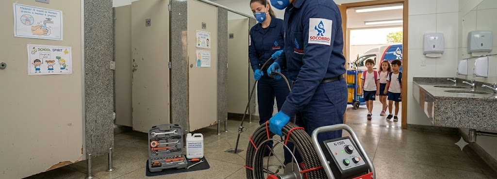 Profissional realizando Desentupimento e Manutenção Preventiva para Escolas, Colégios e Creches em Bombinhas