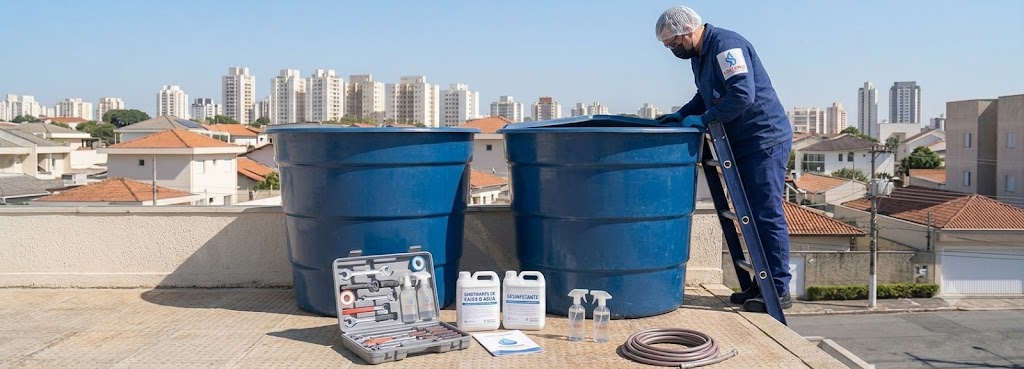 Profissional realizando Imunização e Desinfecção Bacteriológica de Caixas D'água em Bombinhas
